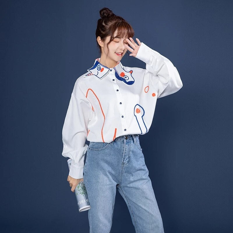 Cartoon Cute Lapel Loose Button Graffiti Printed Shirt Mssza