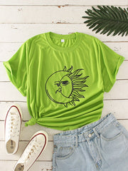 Cartoon Moon Sun Print O-neck Short Sleeve Casual T-Shirt Mssza