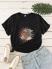 Cartoon Sun Moon Print Short Sleeve O-neck T-Shirt Mssza
