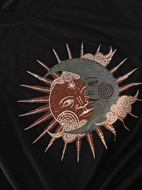 Cartoon Sun Moon Print Short Sleeve O-neck T-Shirt Mssza