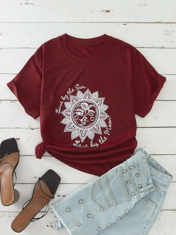 Cartoon Sun Slogan Print O-neck Short Sleeve T-Shirt Mssza
