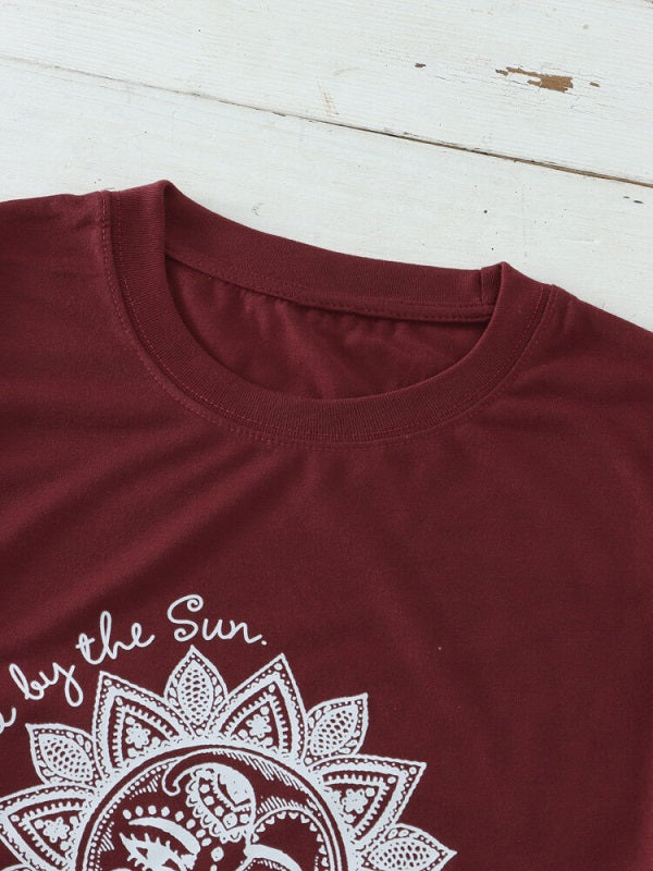 Cartoon Sun Slogan Print O-neck Short Sleeve T-Shirt Mssza