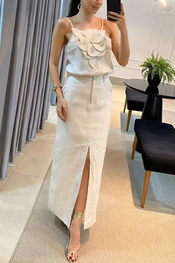 Casual 3D Flower Hanging Strap Top Pocket Half Skirt Two Piece Set Mssza