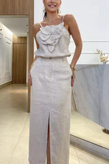 Casual 3D Flower Hanging Strap Top Pocket Half Skirt Two Piece Set Mssza