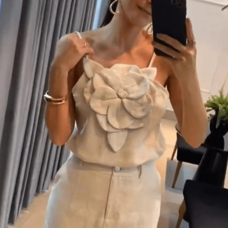 Casual 3D Flower Hanging Strap Top Pocket Half Skirt Two Piece Set Mssza