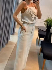 Casual 3D Flower Hanging Strap Top Pocket Half Skirt Two Piece Set Mssza