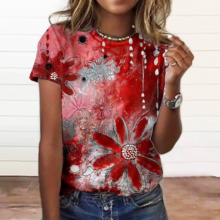 Casual 3d Floral Print O-Neck Short Sleeve Daily Casual T Shirt Mssza