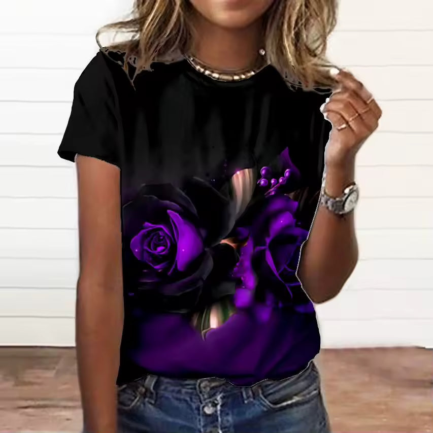 Casual 3d Floral Print Short Sleeve Large Size T Shirt Mssza