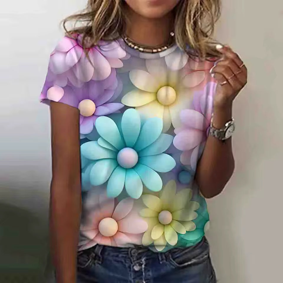 Casual 3d Floral Printing High Stretch Tees T-Shirts Mssza