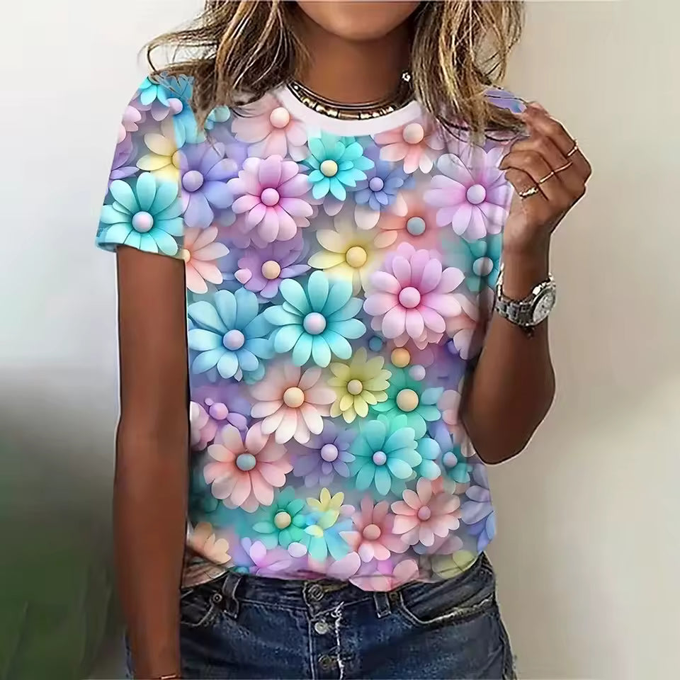 Casual 3d Floral Printing Oversized Pullover Tees Tops Mssza