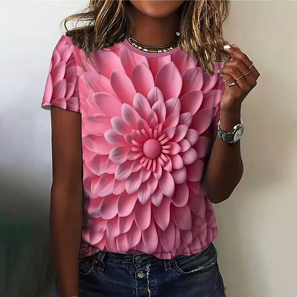 Casual 3d Floral Printing Tees Print Oversized Pullover T-Shirts Mssza