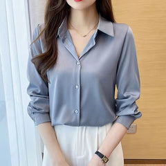 Casual Acetate Turn-down Collar Long Sleeve Satin Shirts Mssza