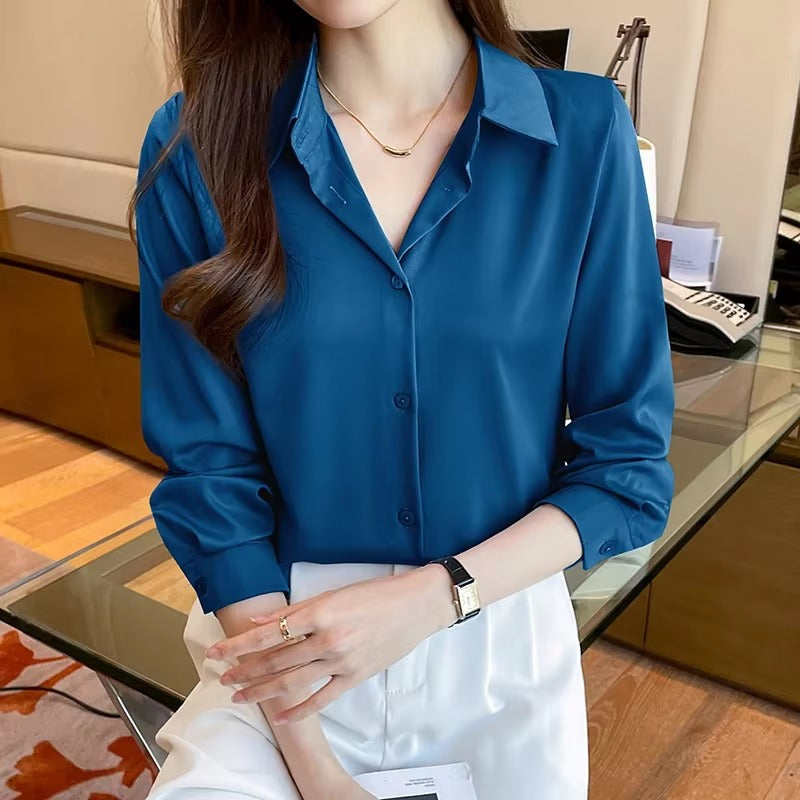 Casual Acetate Turn-down Collar Long Sleeve Satin Shirts Mssza