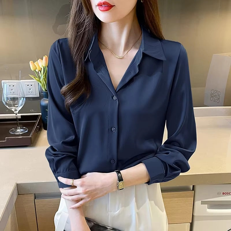 Casual Acetate Turn-down Collar Long Sleeve Satin Shirts Mssza