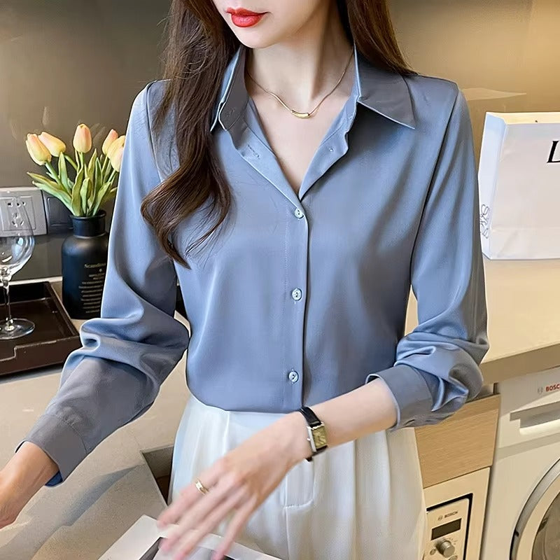 Casual Acetate Turn-down Collar Long Sleeve Satin Shirts Mssza
