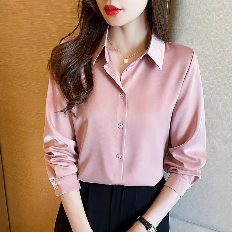 Casual Acetate Turn-down Collar Long Sleeve Satin Shirts Mssza
