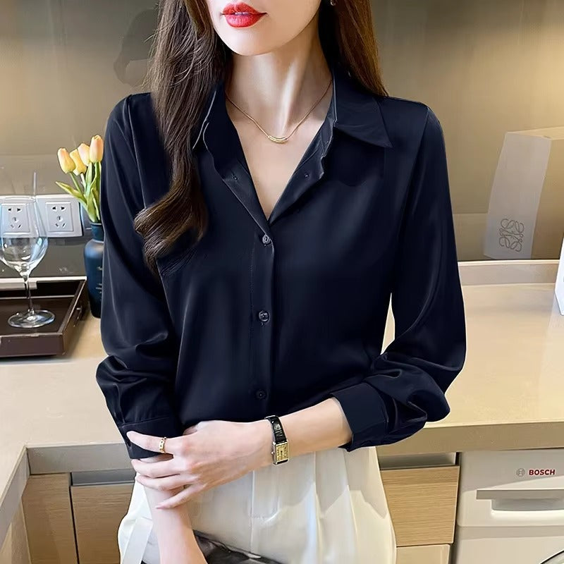 Casual Acetate Turn-down Collar Long Sleeve Satin Shirts Mssza