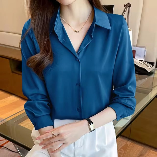 Casual Acetate Turn-down Collar Long Sleeve Satin Shirts Mssza