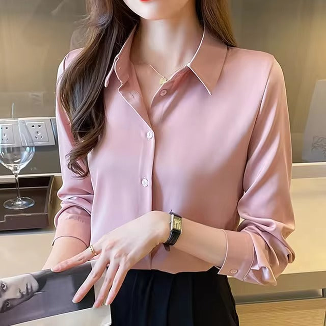 Casual Acetate Turn-down Collar Long Sleeve Satin Shirts Mssza