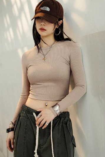 Casual Acrylic Ribbed Long Slight Stretch T-shirt Mssza