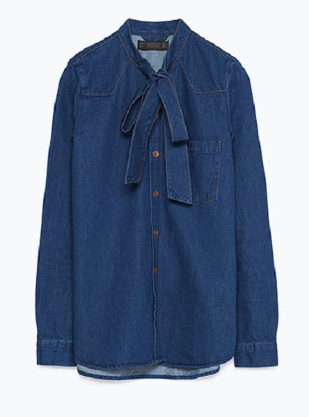 Casual Active Long Sleeved Tie Denim Shirt Mssza