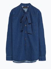Casual Active Long Sleeved Tie Denim Shirt Mssza