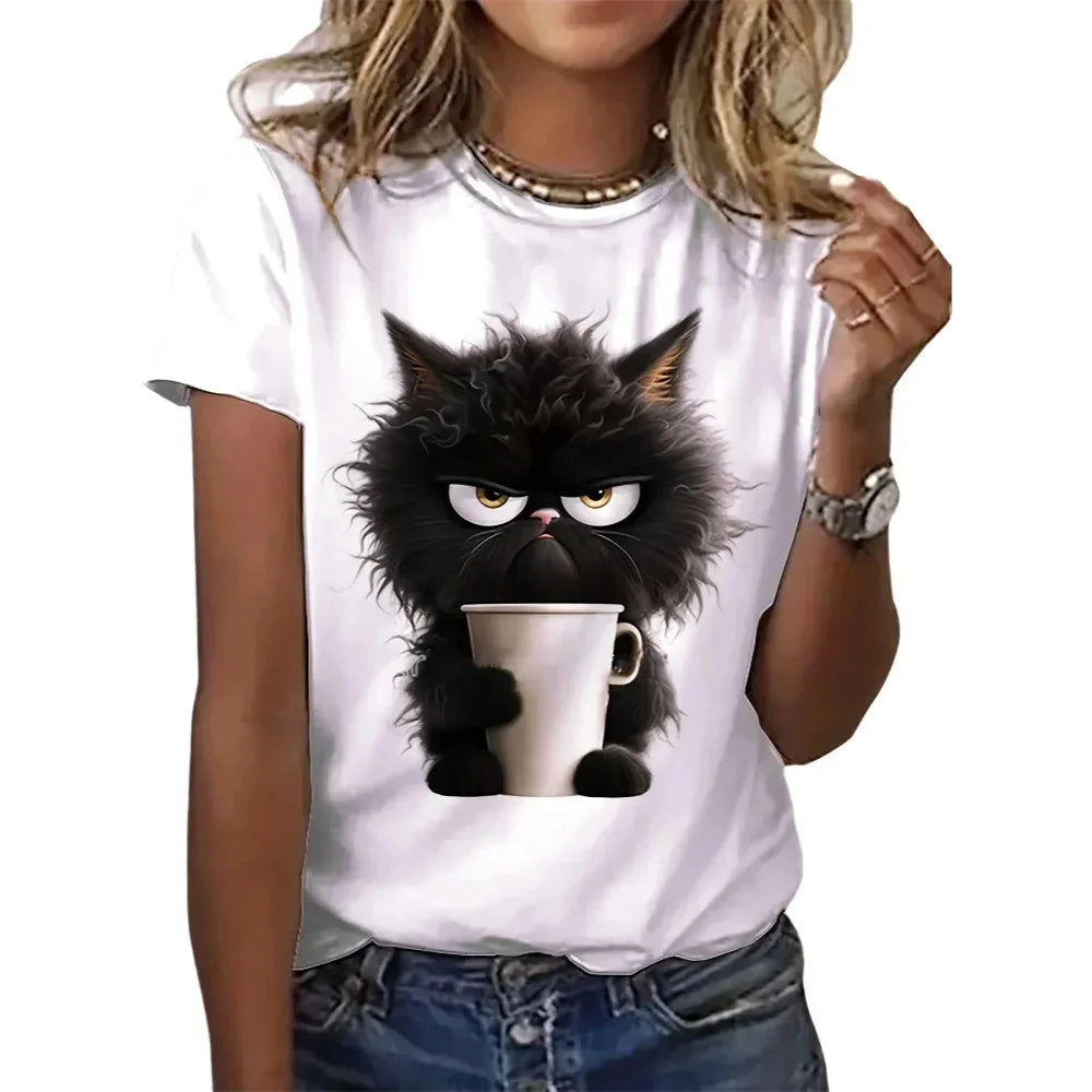 Casual Animal Print Short Sleeve O Neck Funny Cat T-shirt Mssza