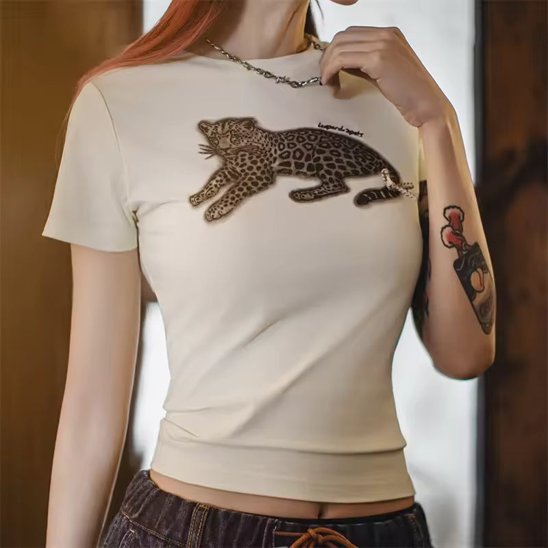 Casual Animal Printed Short Sleeve Crew Neck Tee Vintage Basic Top Mssza