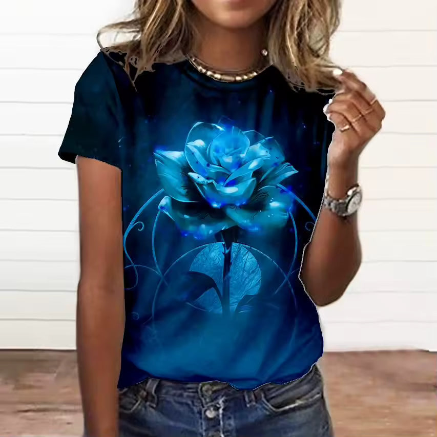 Casual Appliques 3d Floral Print Short Sleeve Large Size T Shirt Mssza