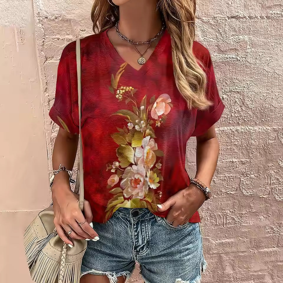 Casual Appliques V Neck Pullover Oversized Cotton 3d T Shirts Mssza