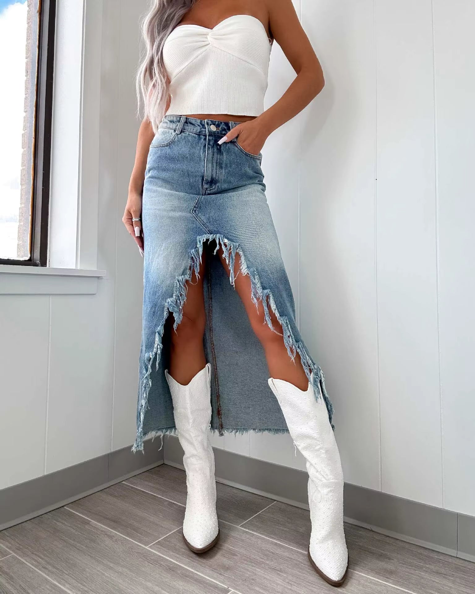 Casual Asymmetrical High Waist Irregular Edge Denim Skirt Mssza