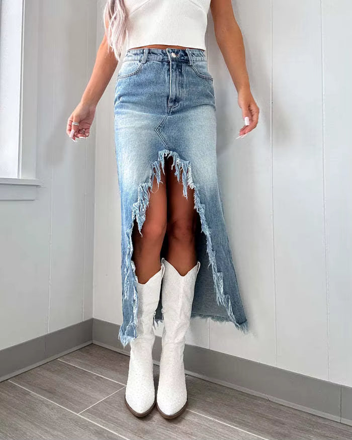 Casual Asymmetrical High Waist Irregular Edge Denim Skirt Mssza
