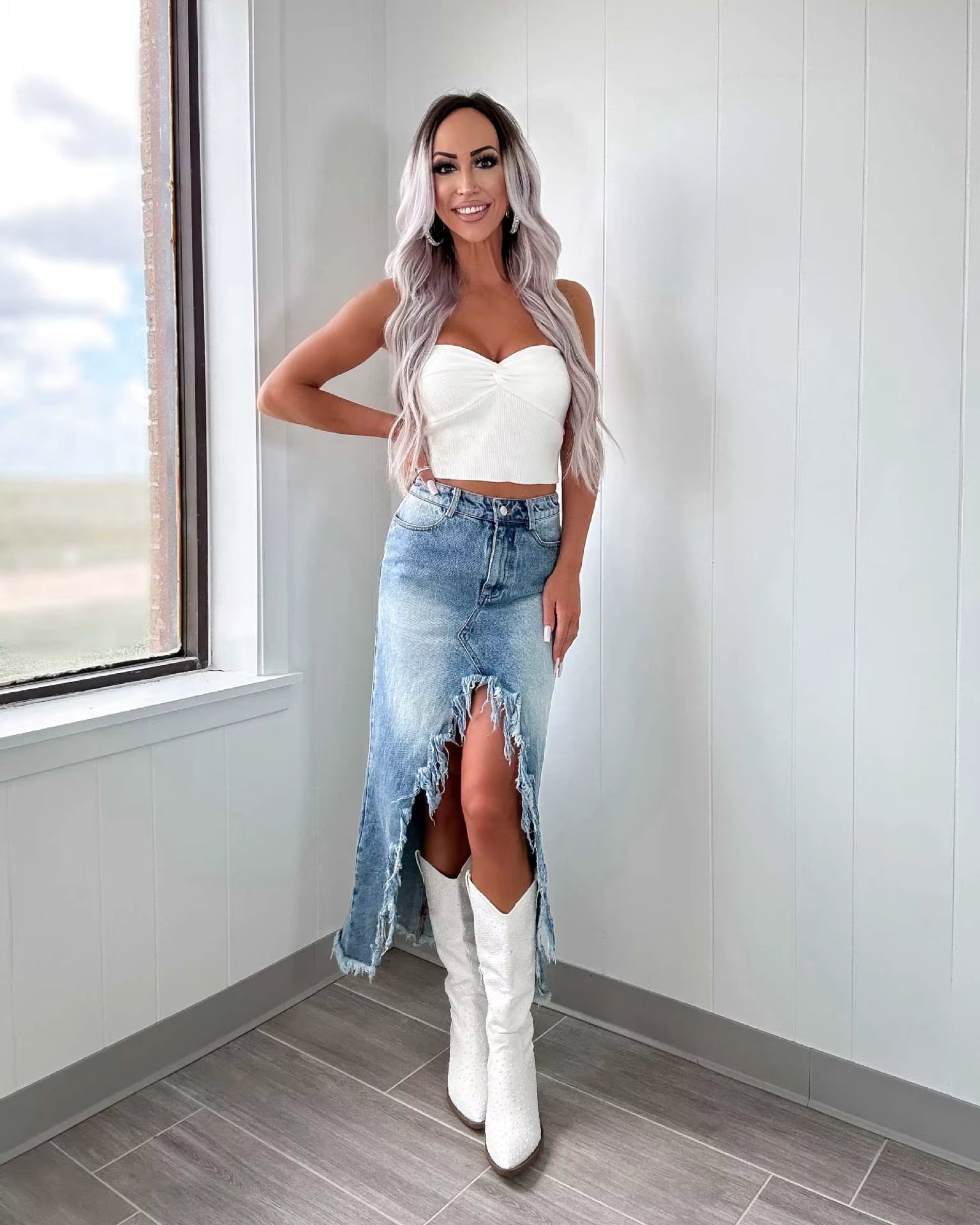 Casual Asymmetrical High Waist Irregular Edge Denim Skirt Mssza