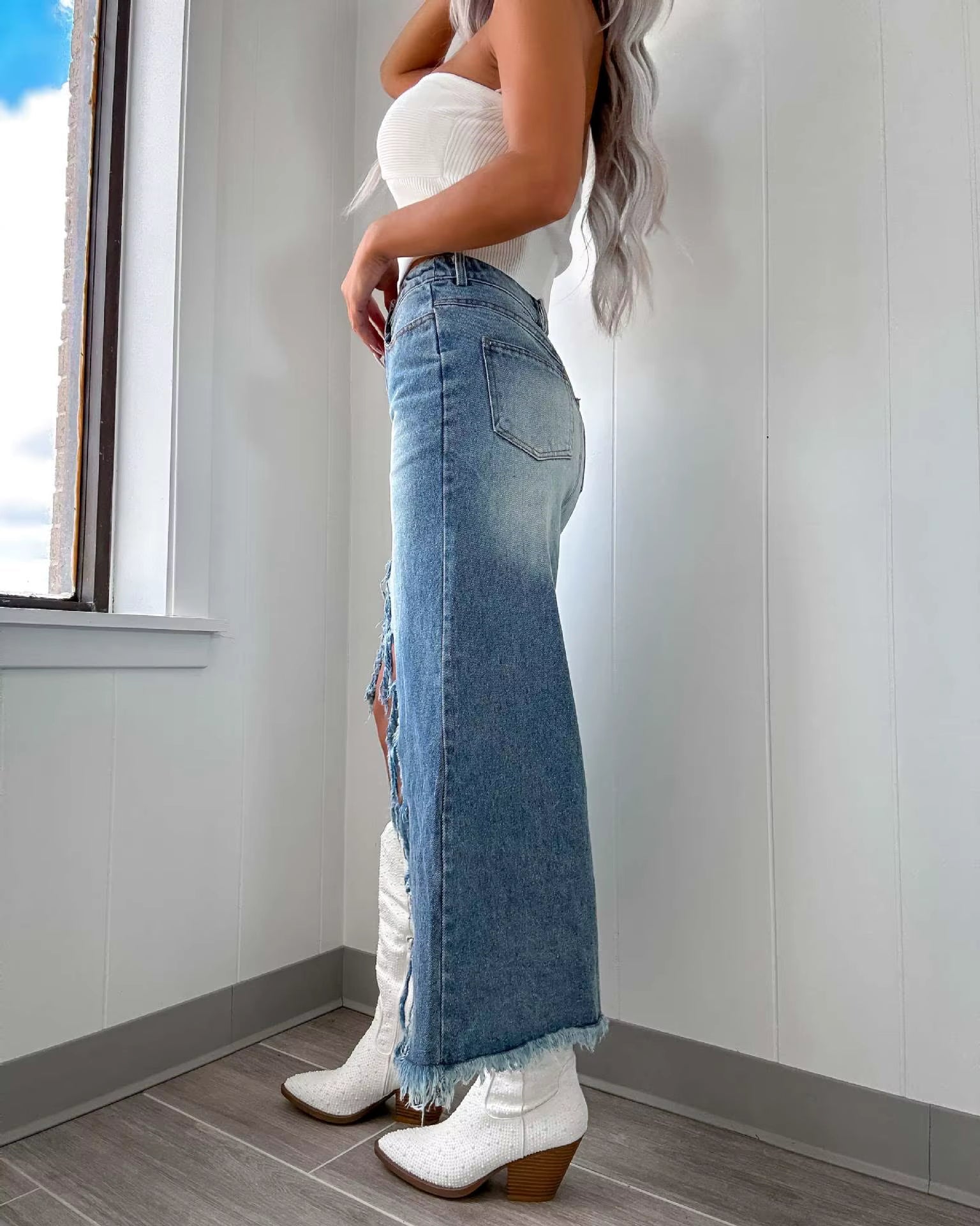 Casual Asymmetrical High Waist Irregular Edge Denim Skirt Mssza