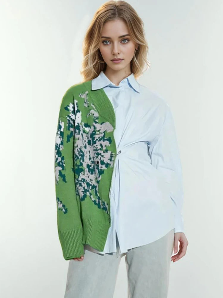 Casual Asymmetrical Patchwork Lapel Long Sleeve Knitting Printing Loose Shirts Mssza