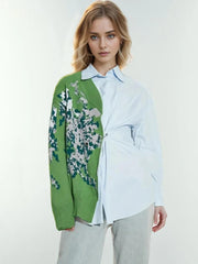 Casual Asymmetrical Patchwork Lapel Long Sleeve Knitting Printing Loose Shirts Mssza