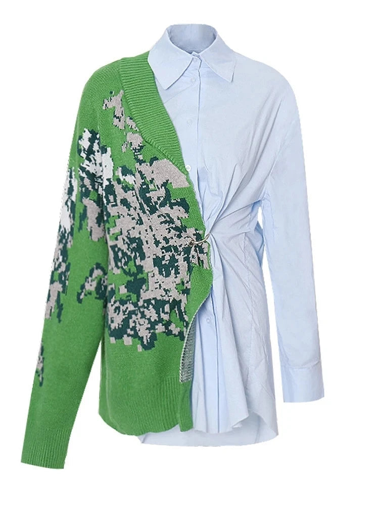 Casual Asymmetrical Patchwork Lapel Long Sleeve Knitting Printing Loose Shirts Mssza