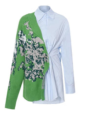Casual Asymmetrical Patchwork Lapel Long Sleeve Knitting Printing Loose Shirts Mssza