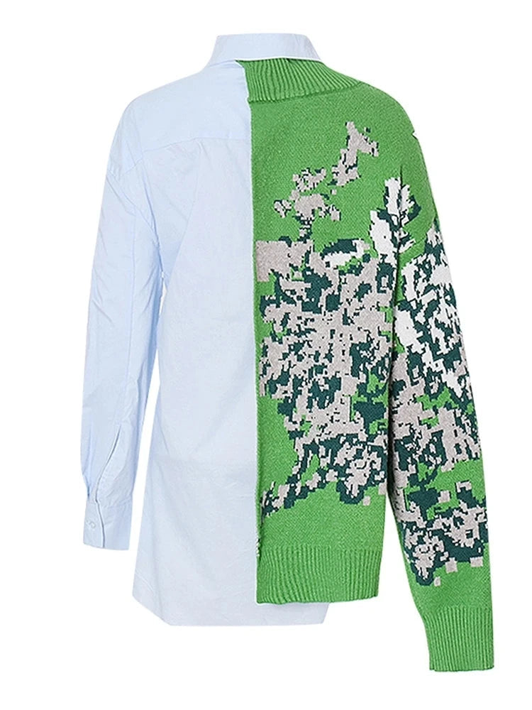 Casual Asymmetrical Patchwork Lapel Long Sleeve Knitting Printing Loose Shirts Mssza