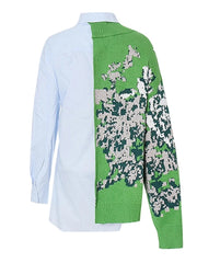 Casual Asymmetrical Patchwork Lapel Long Sleeve Knitting Printing Loose Shirts Mssza