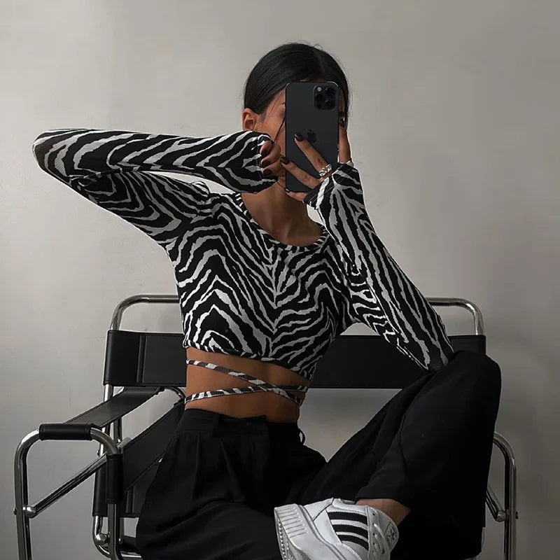 Casual Backless Lace ups Pullover Tees O-neck Slim Long sleeve Short T-Shirt Mssza