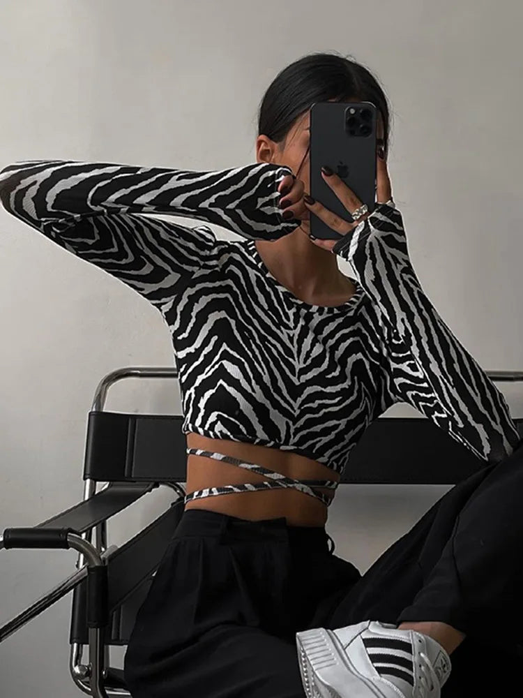 Casual Backless Lace ups Pullover Tees O-neck Slim Long sleeve Short T-Shirt Mssza
