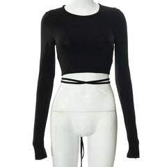 Elegant Backless Lace ups Pullover Tees O-neck Slim Long sleeve Short T-Shirt Mssza