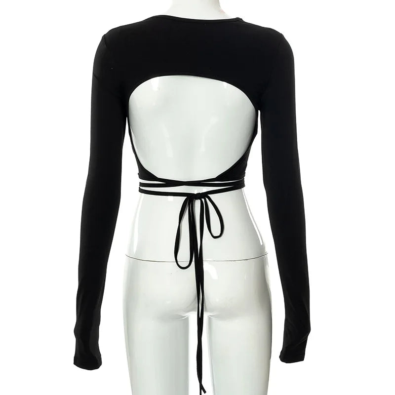 Elegant Backless Lace ups Pullover Tees O-neck Slim Long sleeve Short T-Shirt Mssza