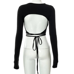 Elegant Backless Lace ups Pullover Tees O-neck Slim Long sleeve Short T-Shirt Mssza