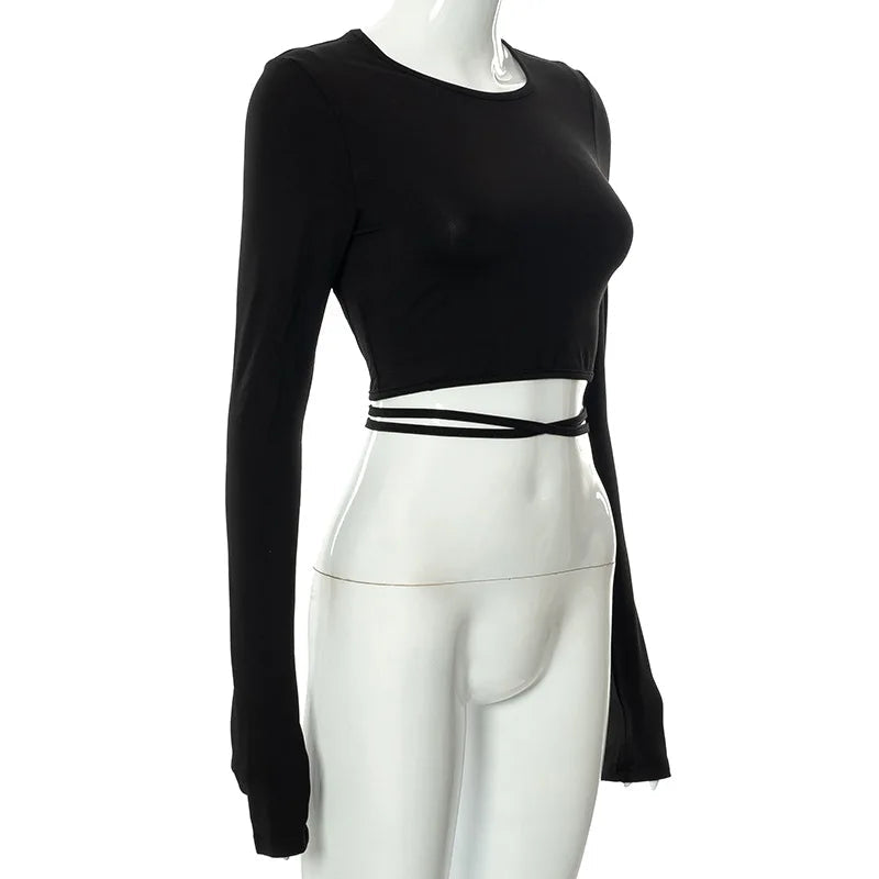 Elegant Backless Lace ups Pullover Tees O-neck Slim Long sleeve Short T-Shirt Mssza