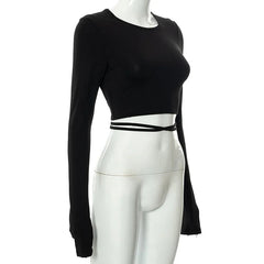 Elegant Backless Lace ups Pullover Tees O-neck Slim Long sleeve Short T-Shirt Mssza