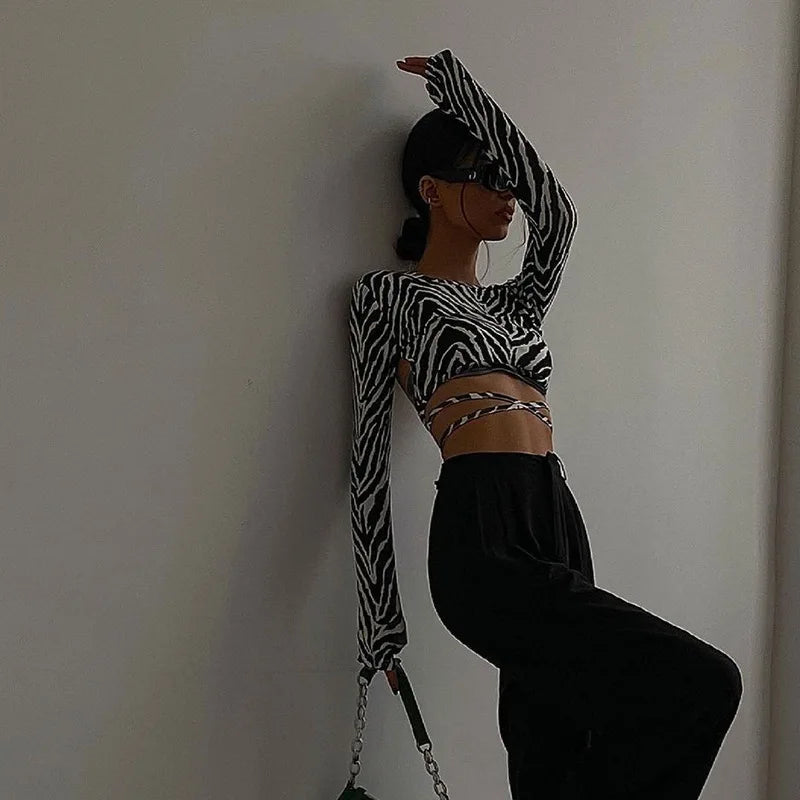 Casual Backless Lace ups Pullover Tees O-neck Slim Long sleeve Short T-Shirt Mssza
