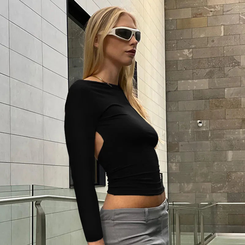 Casual Backless Long Sleeve O Neck Cut Out Medium Stretch Crop Top Mssza