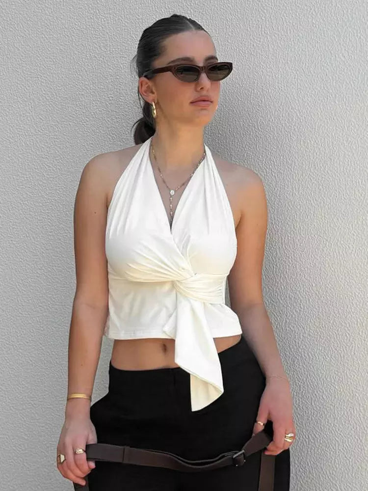 Casual Backless Pleated Halter Neck Crossover Street Wear Crop Top Mssza